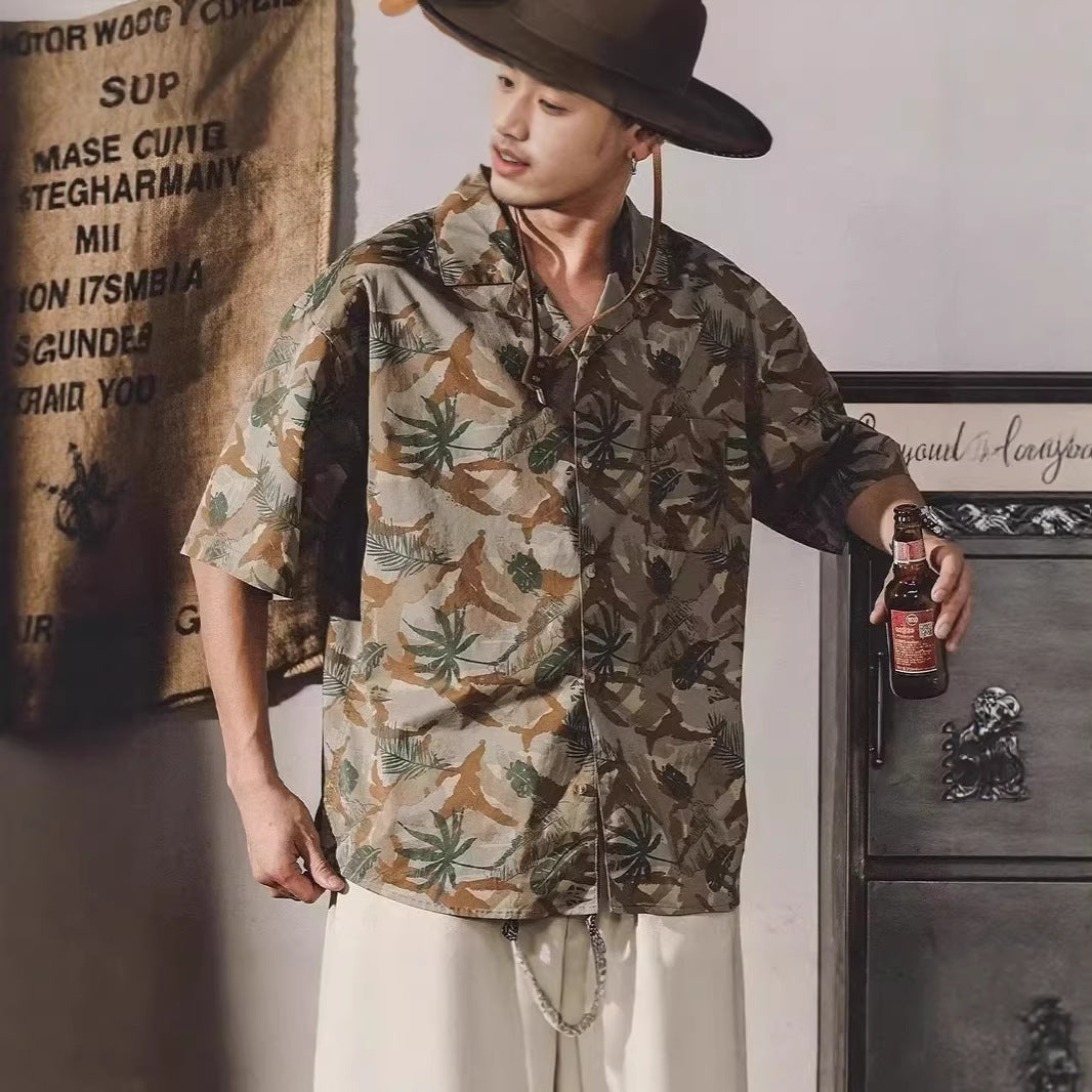 American-style Vintage Classic Cuban-collar Floral Short-sleeve Shirt