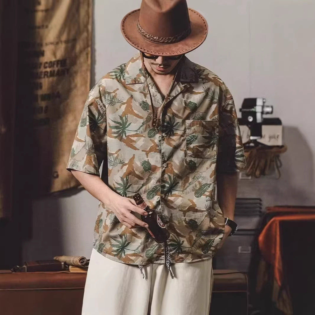 American-style Vintage Classic Cuban-collar Floral Short-sleeve Shirt