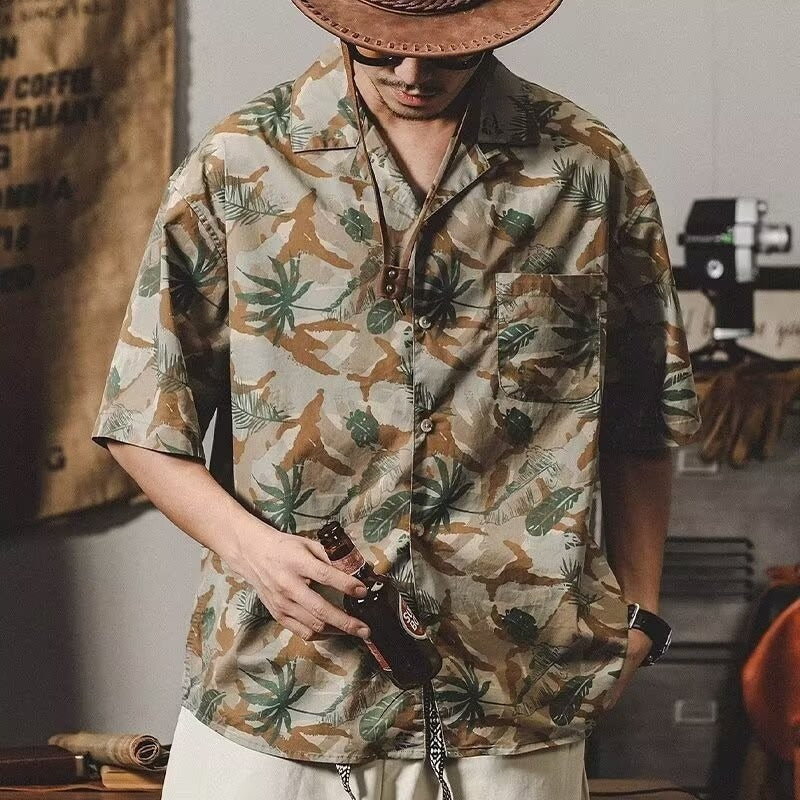 American-style Vintage Classic Cuban-collar Floral Short-sleeve Shirt