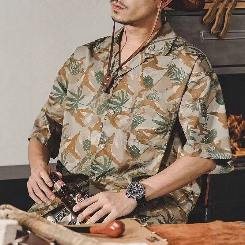 American-style Vintage Classic Cuban-collar Floral Short-sleeve Shirt