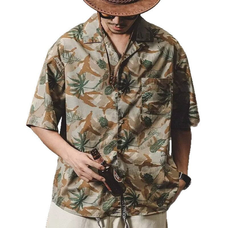 American-style Vintage Classic Cuban-collar Floral Short-sleeve Shirt