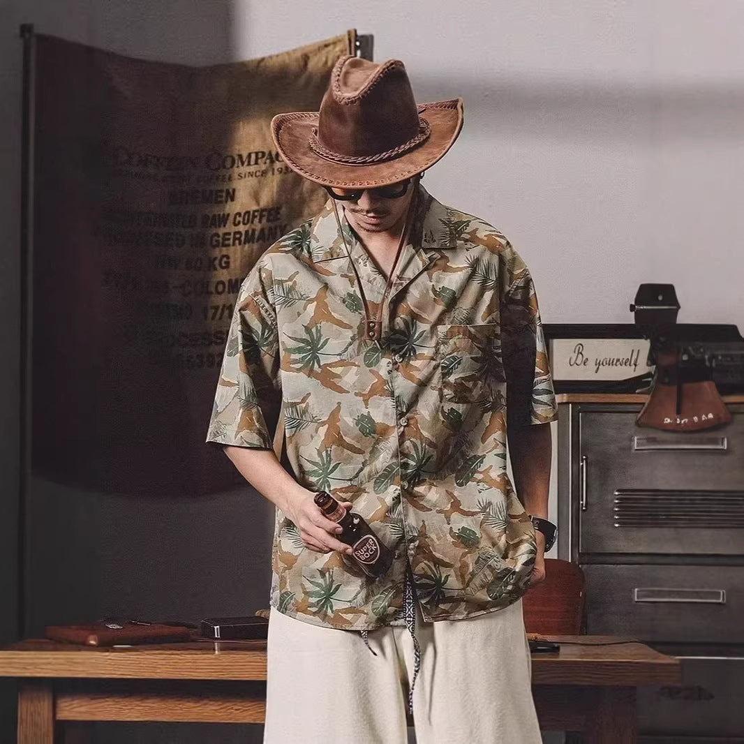 American-style Vintage Classic Cuban-collar Floral Short-sleeve Shirt