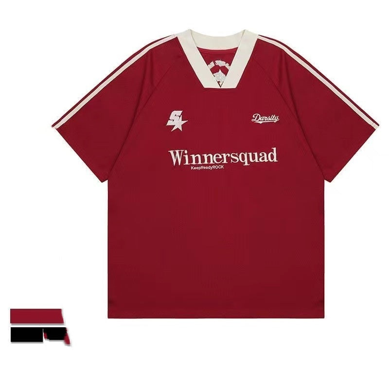 American-style High-street Vintage Embroidered Color-block V-neck Short-sleeve